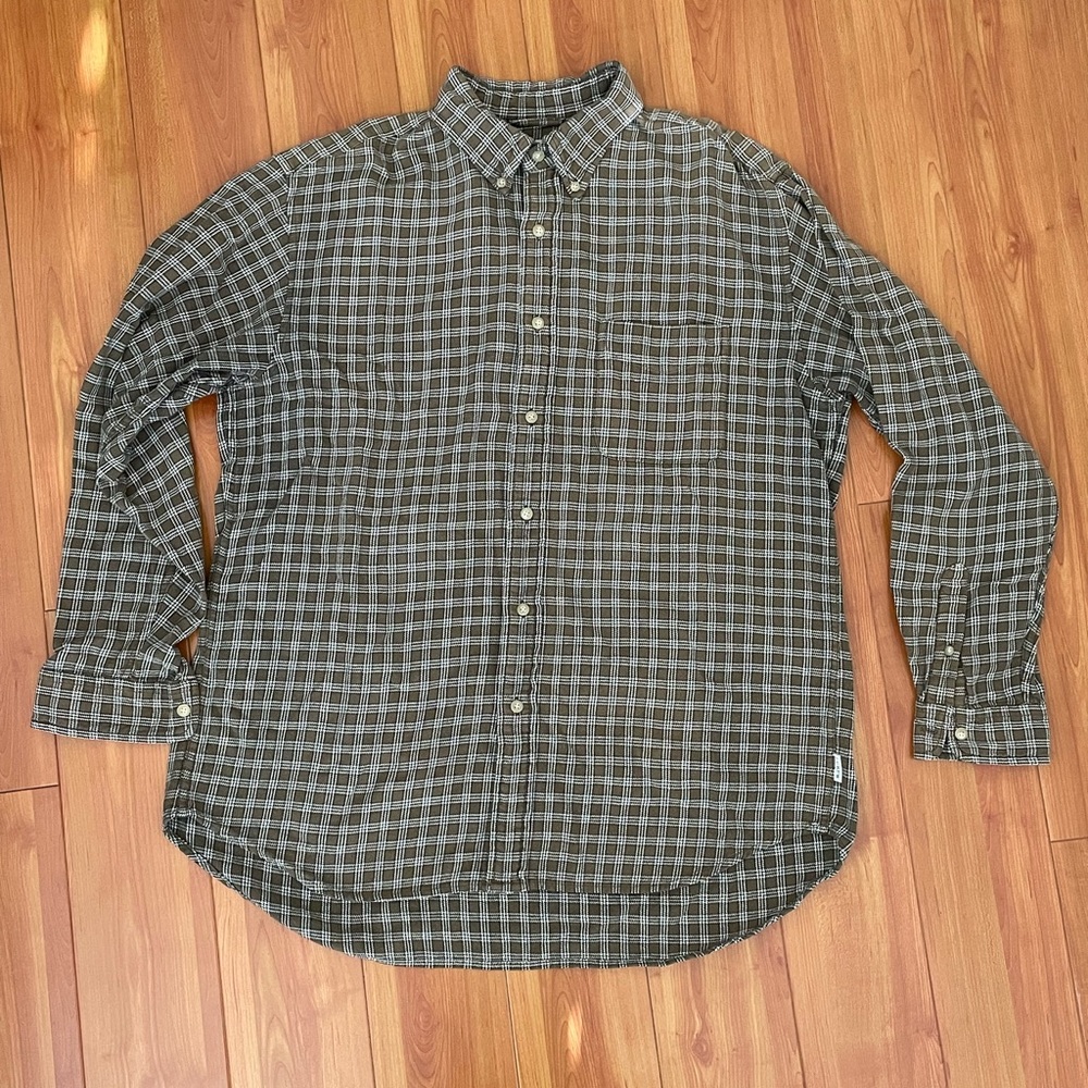 J. Crew Checkered Button Down Long Sleeve Shirt in Brownish Green and White